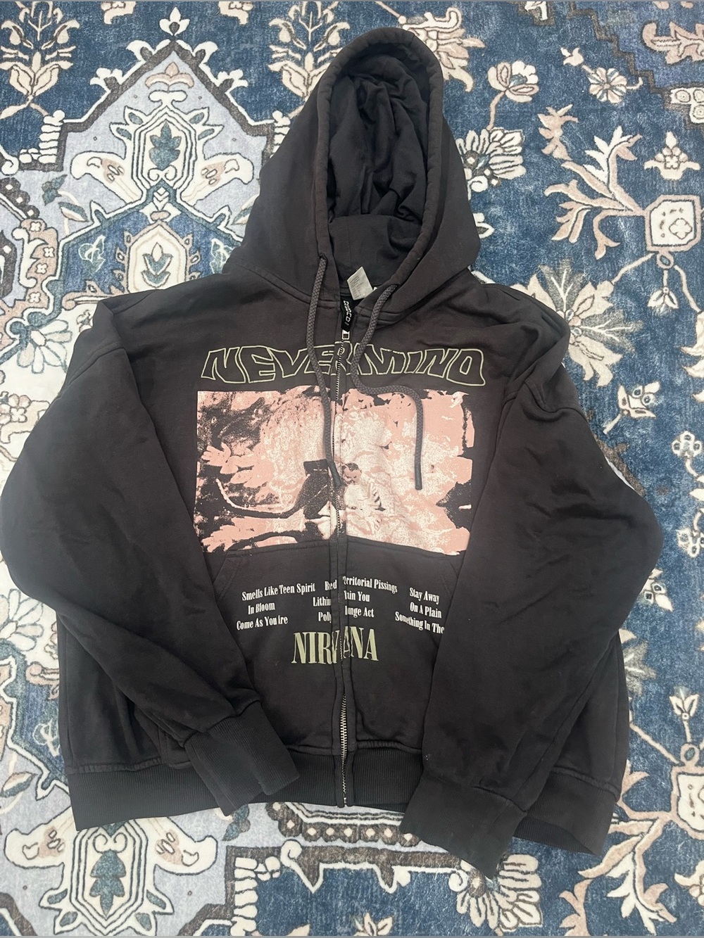 H&M Black Zip-Up Hoodie with Pink Graphic